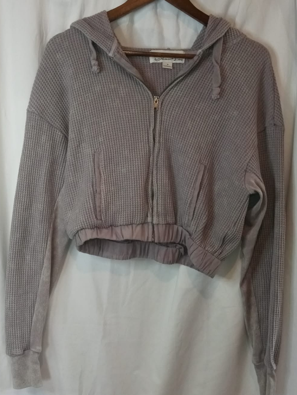 Vintage Havana Lilac Grey Distressed Waffle Zip Pullover Pockets Hoodie Cropped